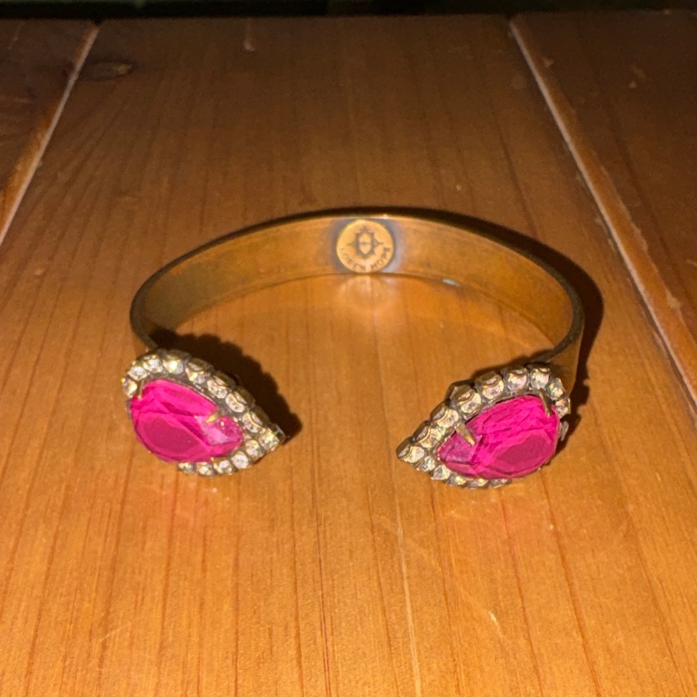 Gold-Tone Open Cuff Bracelet with Bright Pink Teardrop Stones